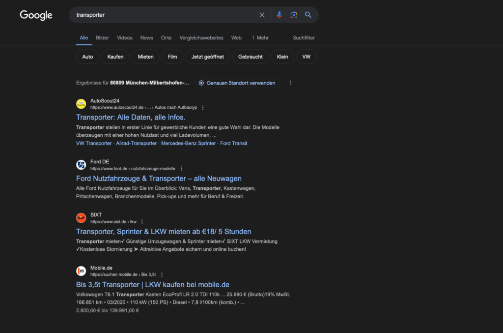 Google Suche Transporter ohne Stoppwörter
